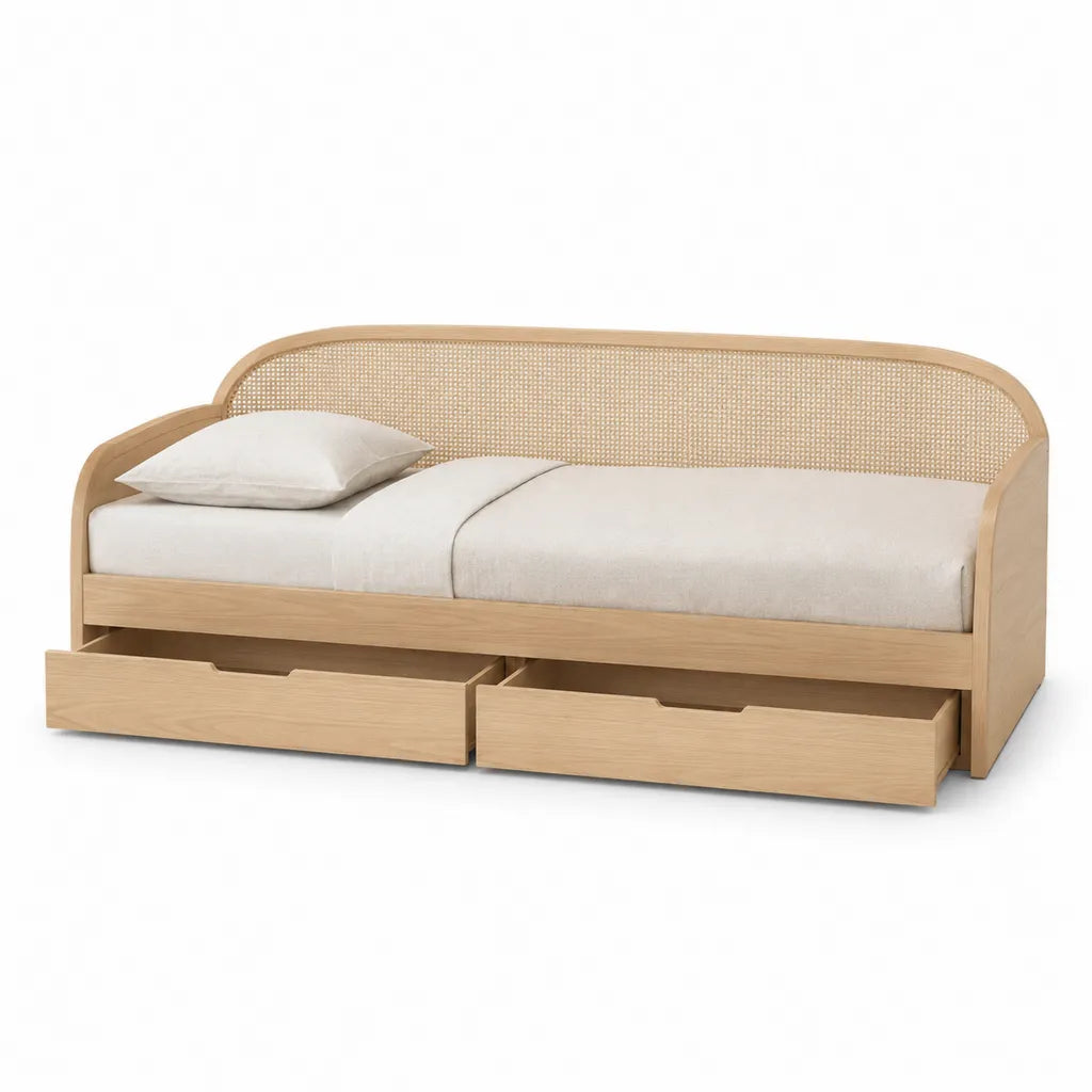 Tagesbett mit 2 Schubladen 90 x 200 cm aus Gummibaum-Massivholz und Rattan Natur