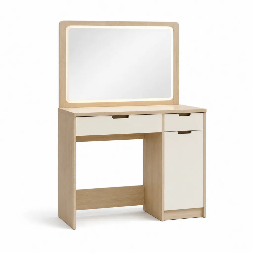 Schminktisch mit LED-Spiegel rechteckig 80 x 40 x 140 cm MDF eichefarben wei?