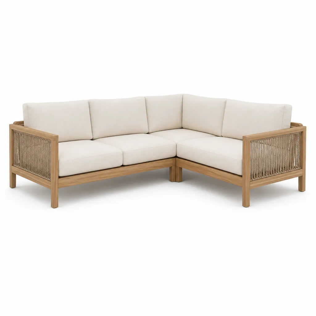Garten Ecksofa 4-Sitzer aus Akazien-Massivholz mit Polyester-Seilbespannung Beige Braun 245 x 245 x 76 cm