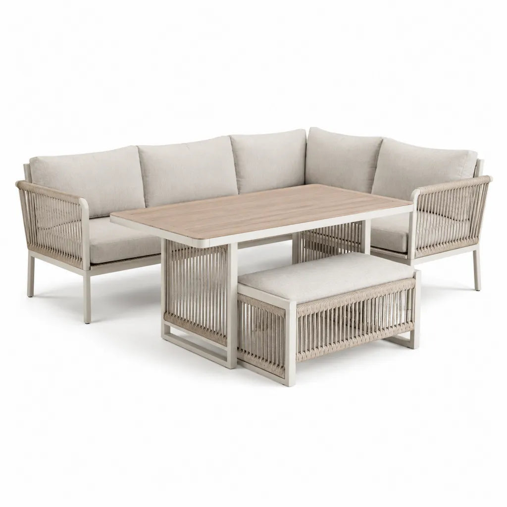 Gartensofa Lounge Set 4-teilig mit Aluminiumrahmen PE-Geflecht rechteckigem Tisch Beige 218 x 218 x 72 cm