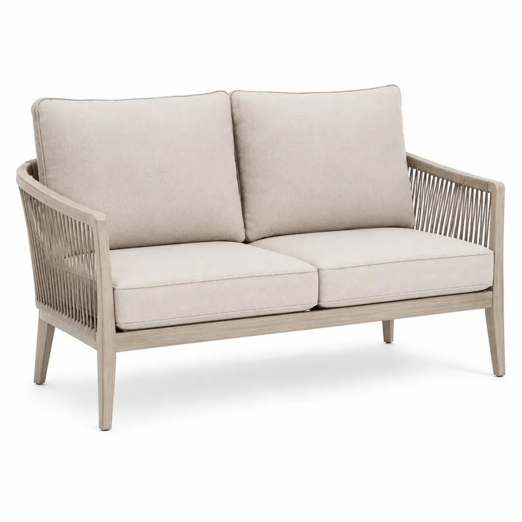 2-Sitzer Gartensofa aus Akazien-Massivholz mit Polypropylenseil und Polyesterkissen Beige 130 x 75 x 78 cm